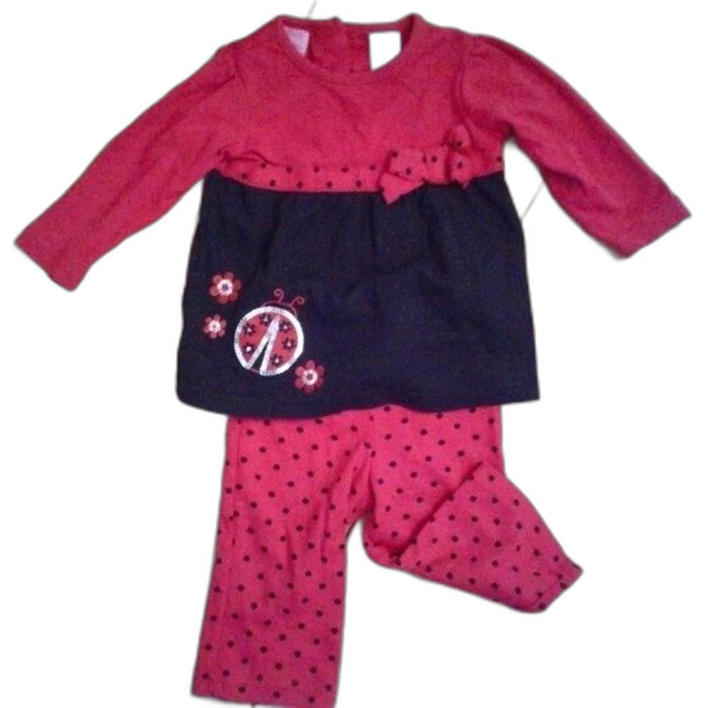 ellemenno BabyGirl 3/6M Shirt Pants Outfit Red Black Sparkly Ladybug Polka Dots